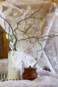 Tree branches with budding young leaves in a glass vase. 