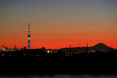 Illuminated tokyo sky tree in city against clear sky during sunset