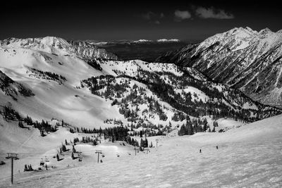 Scenic view of snow covered mountains