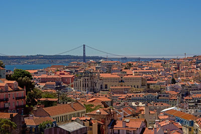 Suspension bridge in city against clear sky