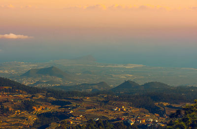 High angle view of landscape against sky during sunset