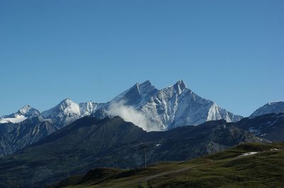 Scenic view of snowcapped mountains against clear blue sky