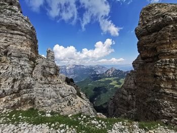 Low angle view of rock formations against sky