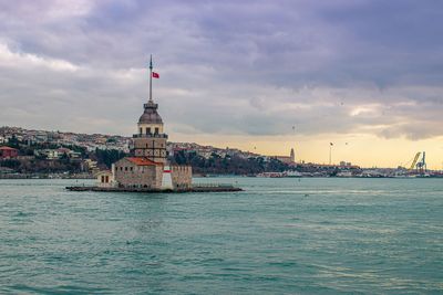 View of buildings at waterfront against cloudy sky