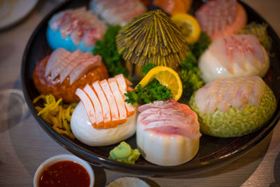 High angle view of various food on table
