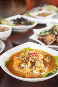 High angle view of meal served on table