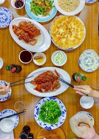 High angle view of meal served on table