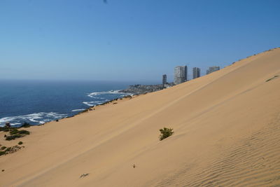 Scenic view of beach against clear blue sky