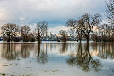 Flood on the rhine, germany. chempark dormagen in the background.