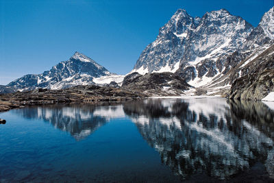 Scenic view of lake and snowcapped mountains against clear blue sky