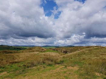 Scenic view of field against cloudy sky