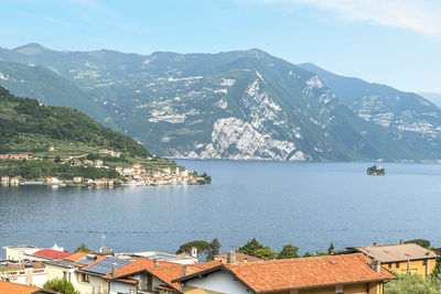 Aerial view of carzano and loreto island in the lake iseo