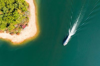 Aerial view of cruise ship in sea