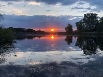 Scenic view of lake against sky during sunset