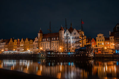 Reflection of illuminated buildings in water at night