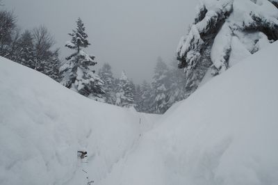 Snow covered landscape against sky