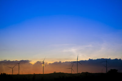 Silhouette of wind turbines at sunset