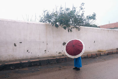 Rear view of man walking against wall