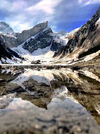 Reflection of snowcapped mountains on lake