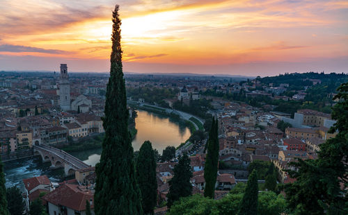 High angle view of townscape against sky during sunset