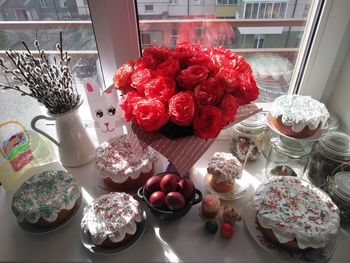 High angle view of strawberries on table