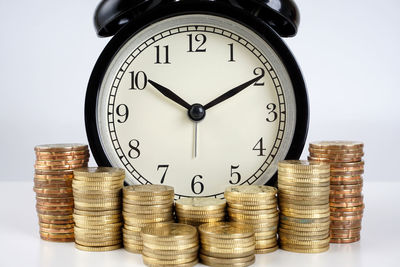 Close-up of coins on white background