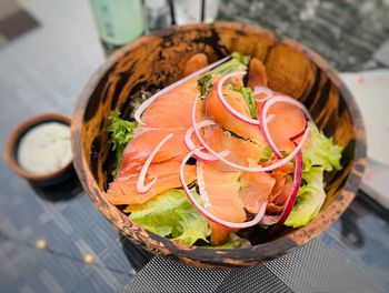 High angle view of food in bowl on table