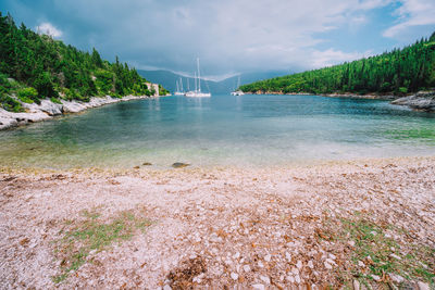 Scenic view of bay against sky