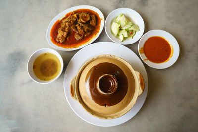 High angle view of breakfast served on table