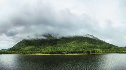 Scenic view of lake and mountains against sky