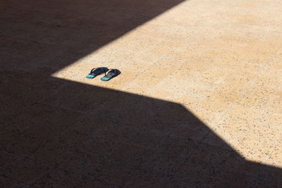 High angle view of slippers on floor at brightly lit room