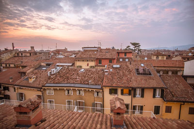 High angle view of townscape against sky at sunset