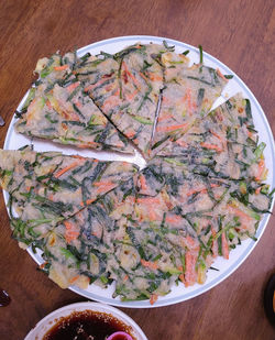 High angle view of pizza in bowl on table