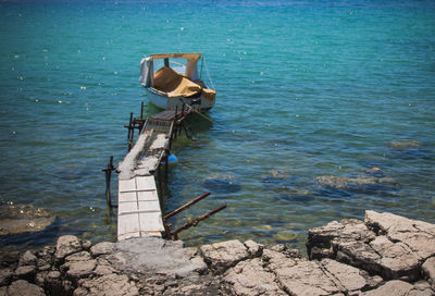 High angle view of old ship on sea shore