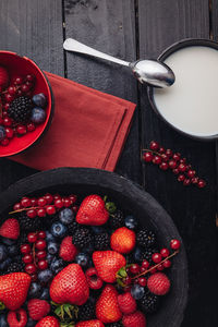 High angle view of strawberries in bowl on table