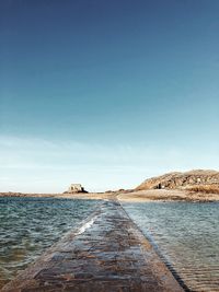 Scenic view of sea against clear blue sky