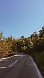 Empty road amidst trees against clear sky