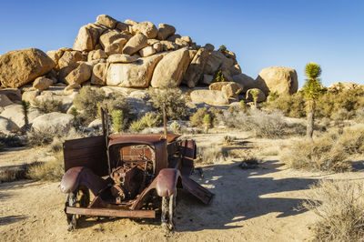 Horse cart on rock against clear sky