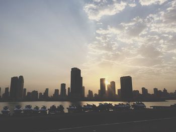 City skyline at sunset