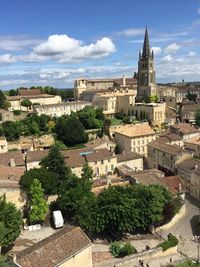 Saint emilion, france. panorama view of the medieval town. steeple of the  monolithic church.