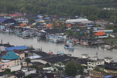 High angle view of buildings in city