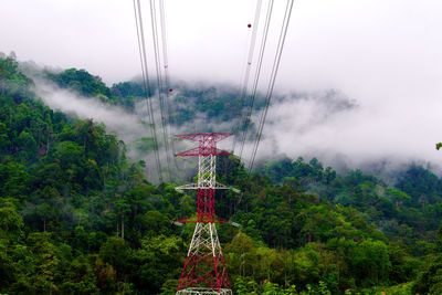 High-voltage electric towers in the fog against the background of the forest.