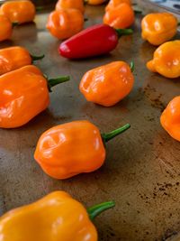 High angle view of chopped vegetables on table