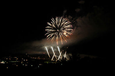 Low angle view of firework display at night