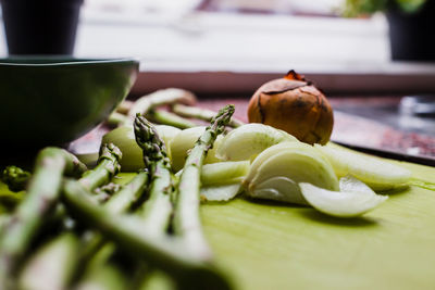 Close-up of chopped vegetables on cutting board