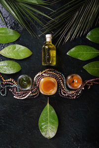 High angle view of leaves on table