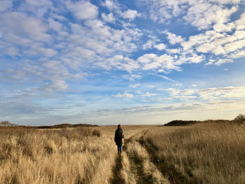 Rear view of woman walking on field against sky
