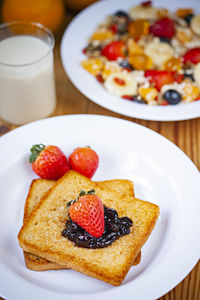 High angle view of breakfast served on table