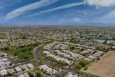 High angle view of agricultural field against sky