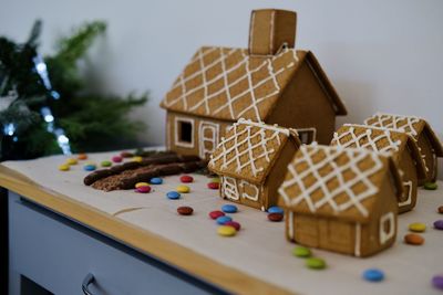 Close-up of christmas decorations on table